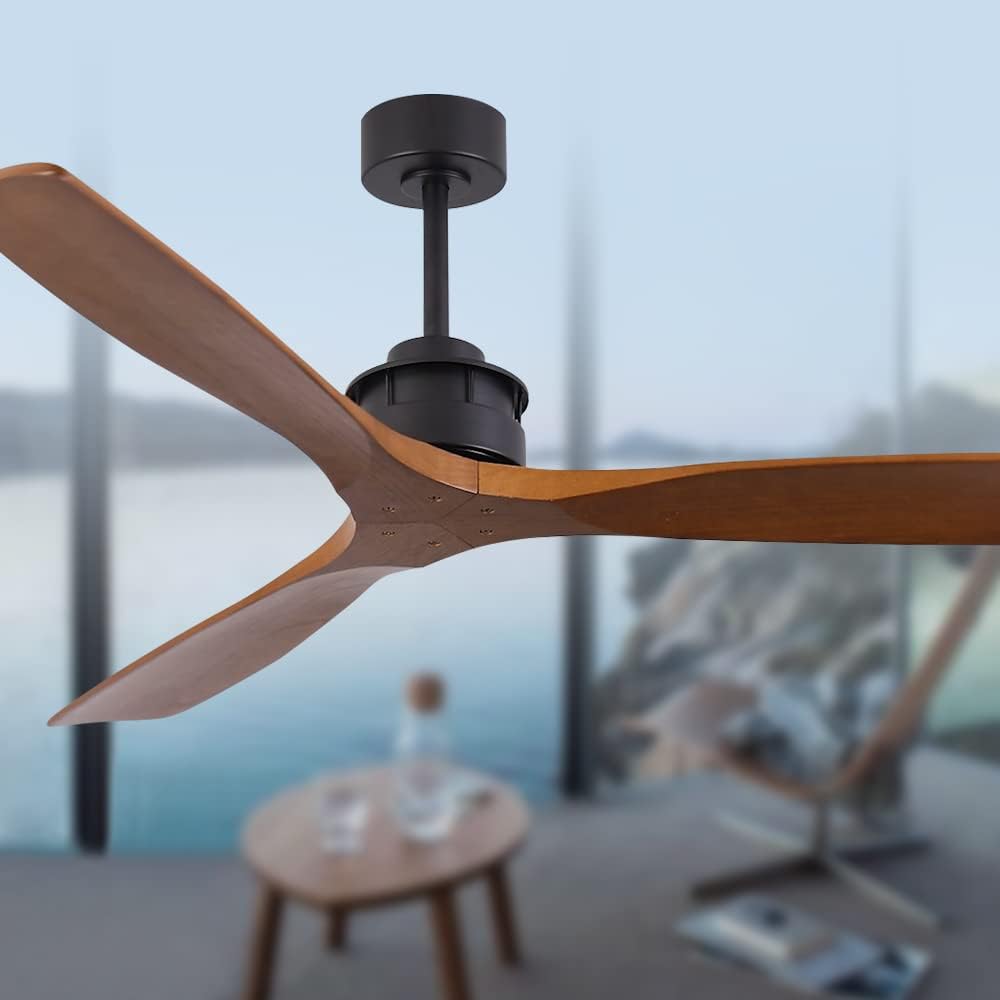 Ceiling Fan no Lights, 52 Inch Low Profile Flush Mount Modern Wood Ceiling Fan with Remote for Indoor Farmhouse Bedroom Living Room Outdoor Patio Porch, Reversible DC Motor, Noiseless