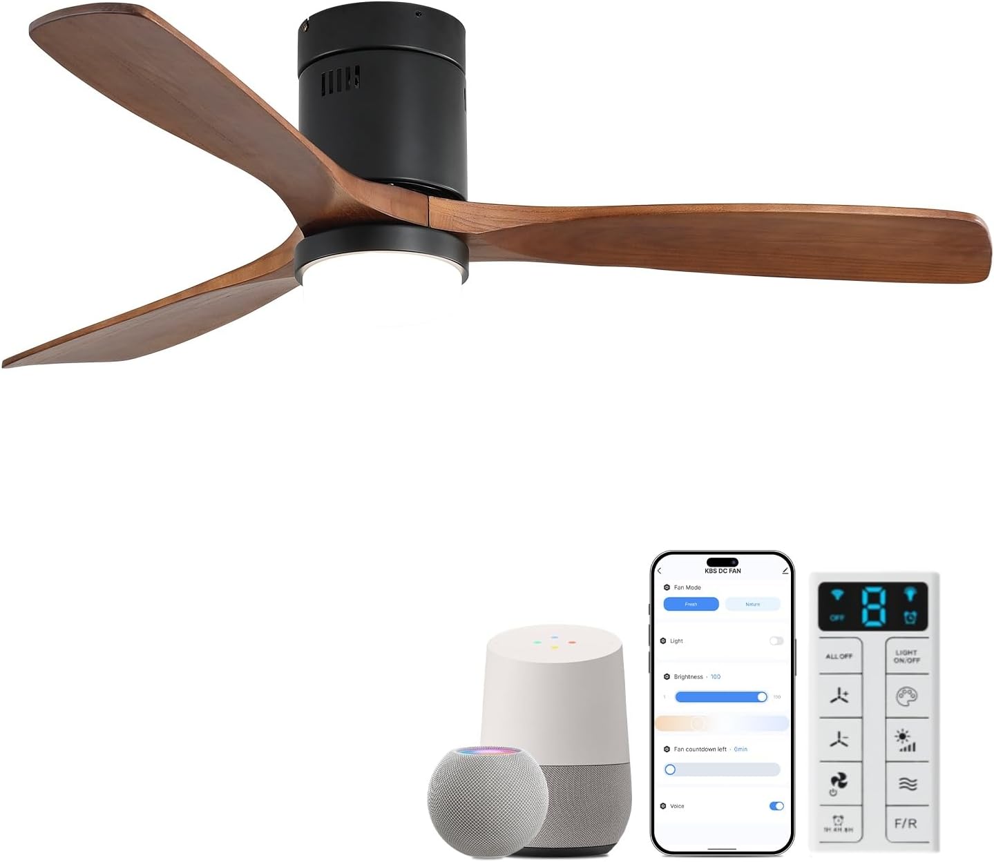 Sofucor 52 Inch Solid Wood Ceiling Fan Without Lights Flush Mount Ceiling Fan with Remote Control-Wood Blades Modern Outdoor Ceiling Fans No Light for Bedroom/Farmhouse/Patio/Indoor, Brown Black