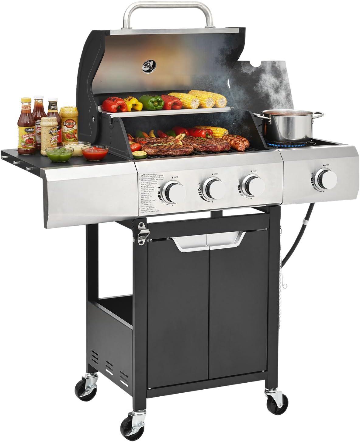 40,500 BTU 3-Burner Propane Gas Grill with Side Burner,Stainless Steel Outdoor BBQ Grill Portable with Wheels and Cast Iron Grates for Patio Garden Barbecue Cooking