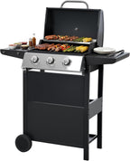40,500 BTU 3-Burner Propane Gas Grill with Side Burner,Stainless Steel Outdoor BBQ Grill Portable with Wheels and Cast Iron Grates for Patio Garden Barbecue Cooking