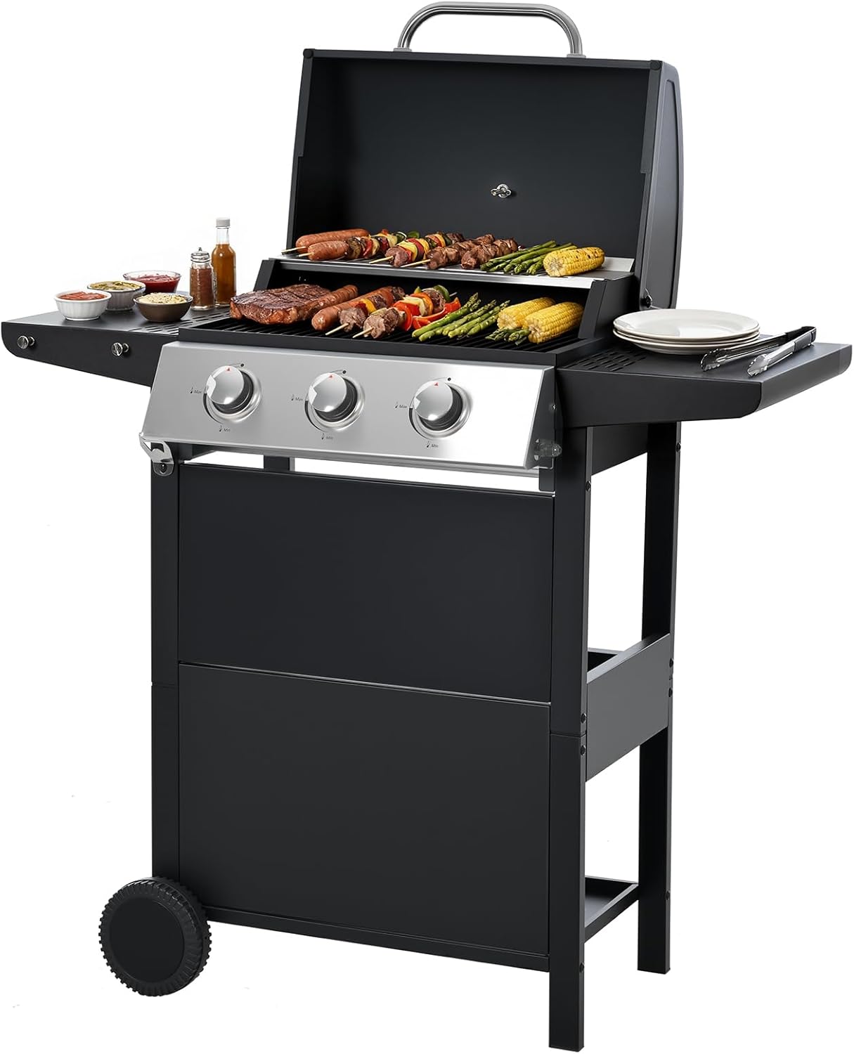 40,500 BTU 3-Burner Propane Gas Grill with Side Burner,Stainless Steel Outdoor BBQ Grill Portable with Wheels and Cast Iron Grates for Patio Garden Barbecue Cooking