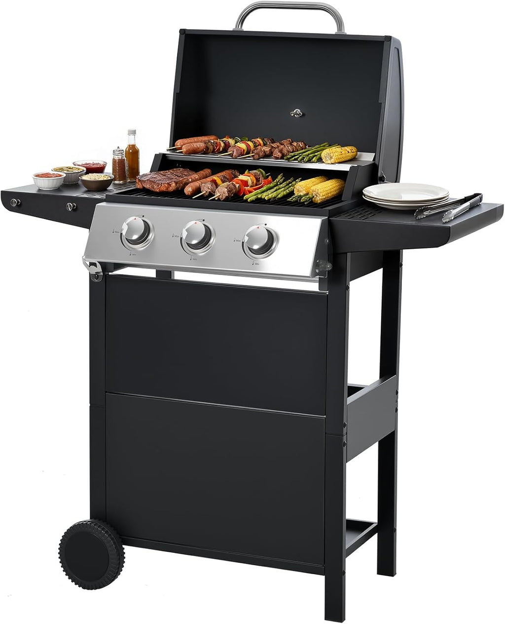 4-Burner Propane Gas BBQ Grill with Side Burner, 46,500 BTU Output Stainless Steel Barbecue Grill with Enameled Cast Iron Grates and Side Tables for Outdoor Cooking Kitchen and Patio Backyard