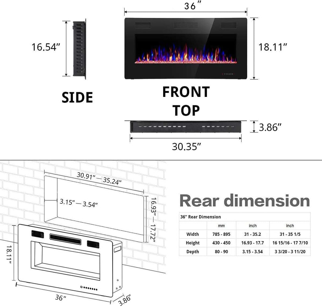 R.W.FLAME 36 inch Recessed and Wall Mounted Electric Fireplace, Ultra Thin ad Low Noise, Fit for 2 x 4 and 2 x 6 Stud, Remote Control with Timer,Touch Screen,Adjustable Flame Color and Speed