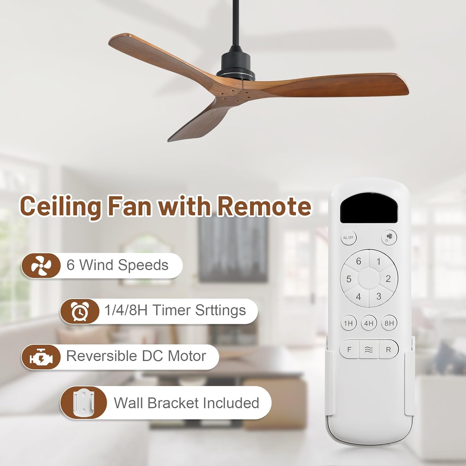 Ceiling Fan no Lights, 52 Inch Low Profile Flush Mount Modern Wood Ceiling Fan with Remote for Indoor Farmhouse Bedroom Living Room Outdoor Patio Porch, Reversible DC Motor, Noiseless