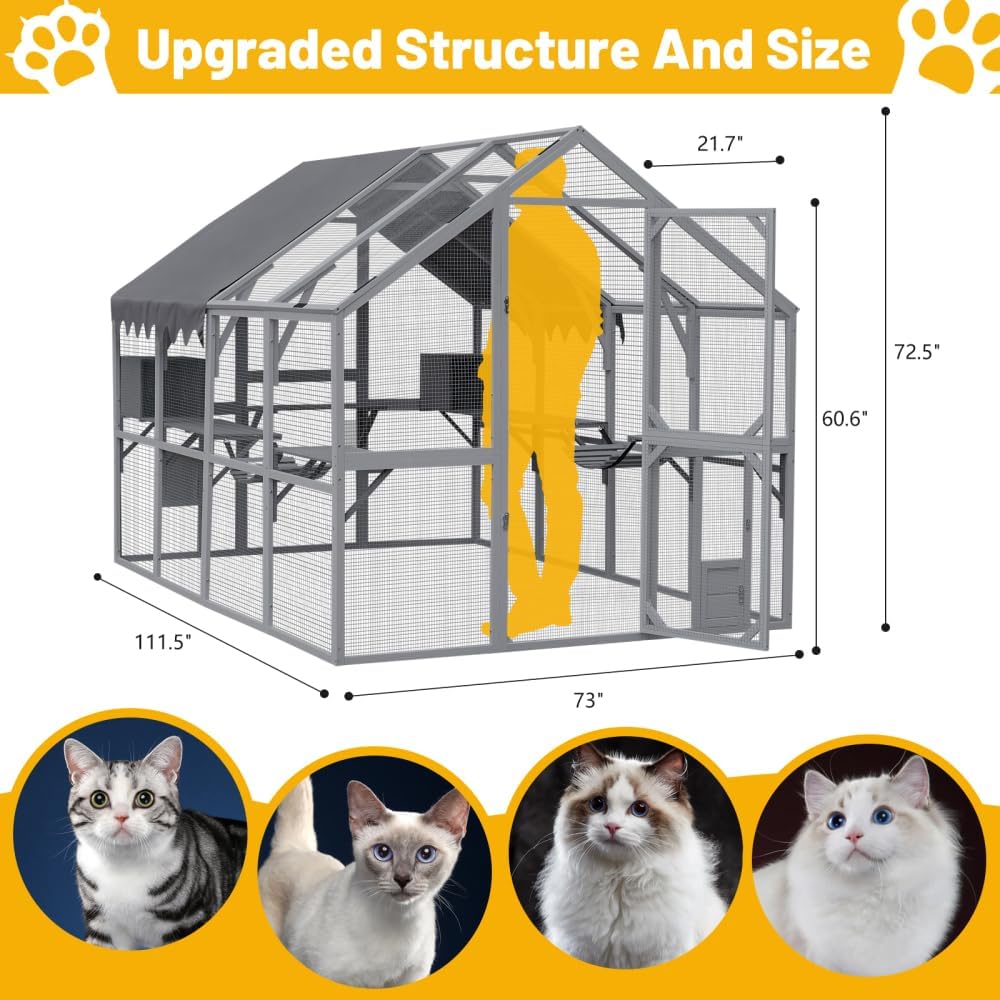 Large Outdoor Cat Enclosure with Weatherproof Roof and Multiple Levels for Cats to Play and Rest Safely in Backyard or Garden
