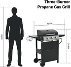 Endark 3-burner propane gas grill | 26,000 BTU stainless steel with enamel wire cooking grates and built-in thermometer | with side rack wheels | great for patio, garden, and outdoor cooking
