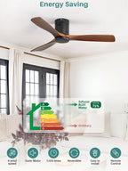 Sofucor 52 Inch Solid Wood Ceiling Fan Without Lights Flush Mount Ceiling Fan with Remote Control-Wood Blades Modern Outdoor Ceiling Fans No Light for Bedroom/Farmhouse/Patio/Indoor, Brown Black