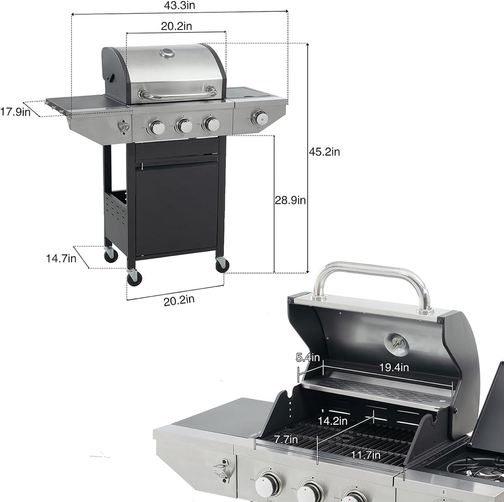Endark 3-burner Propane Gas Grill | 37,000 BTU Stainless Steel with Side-iFre Function | with Enameled Cast Iron Grate,Thermometer and Side Stand Wheels | Great for Patio and Garden Outdoor Cooking