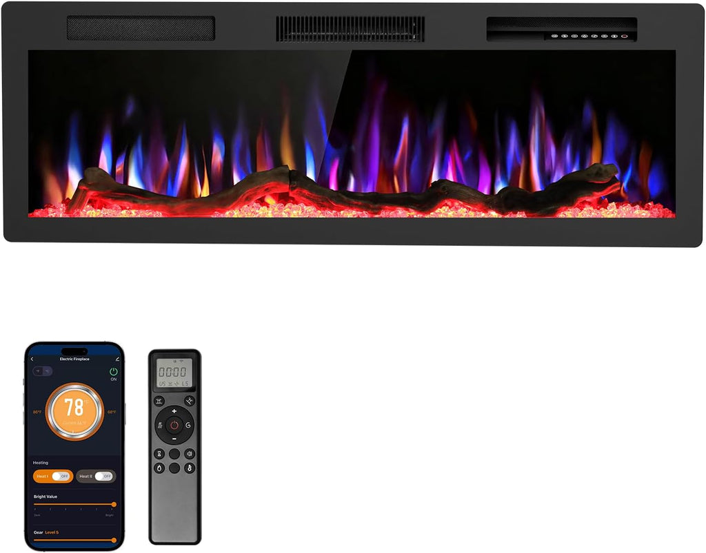 R.W.FLAME 60" Recessed and Wall Mounted Electric Fireplace, Low Noise, Fit for 2 x 6 Stud, Remote Control with Timer, Touch Screen, Adjustable Flame Color and Speed, 750-1500W