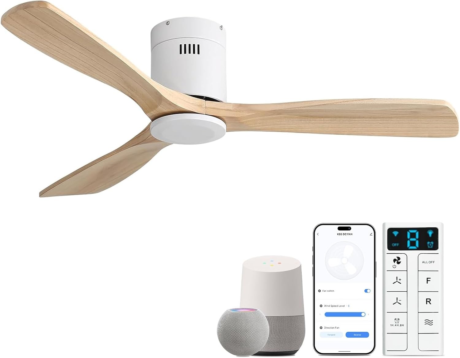Sofucor Ceiling Fans with Lights 52 Inch Flush Mount Ceiling Fan with Remote Control, Wood Blades Modern Outdoor Ceiling Fans for Bedroom/Farmhouse/Patio/Indoor, Quiet DC Motor