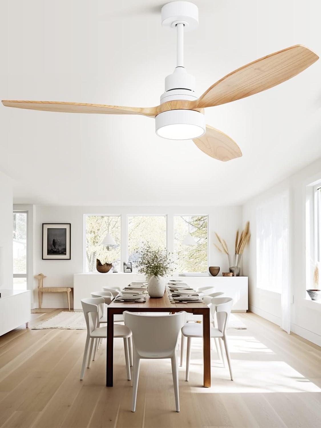 Sofucor 52 inch Solid Wood Ceiling Fan with Light, Quiet 6-Speed 3 Blades Reversible LED Ceiling Fan, Farmhouse Rustic Fan with Dimmable Light for Living Room Bedroom Home Office Cafe Patio Porch
