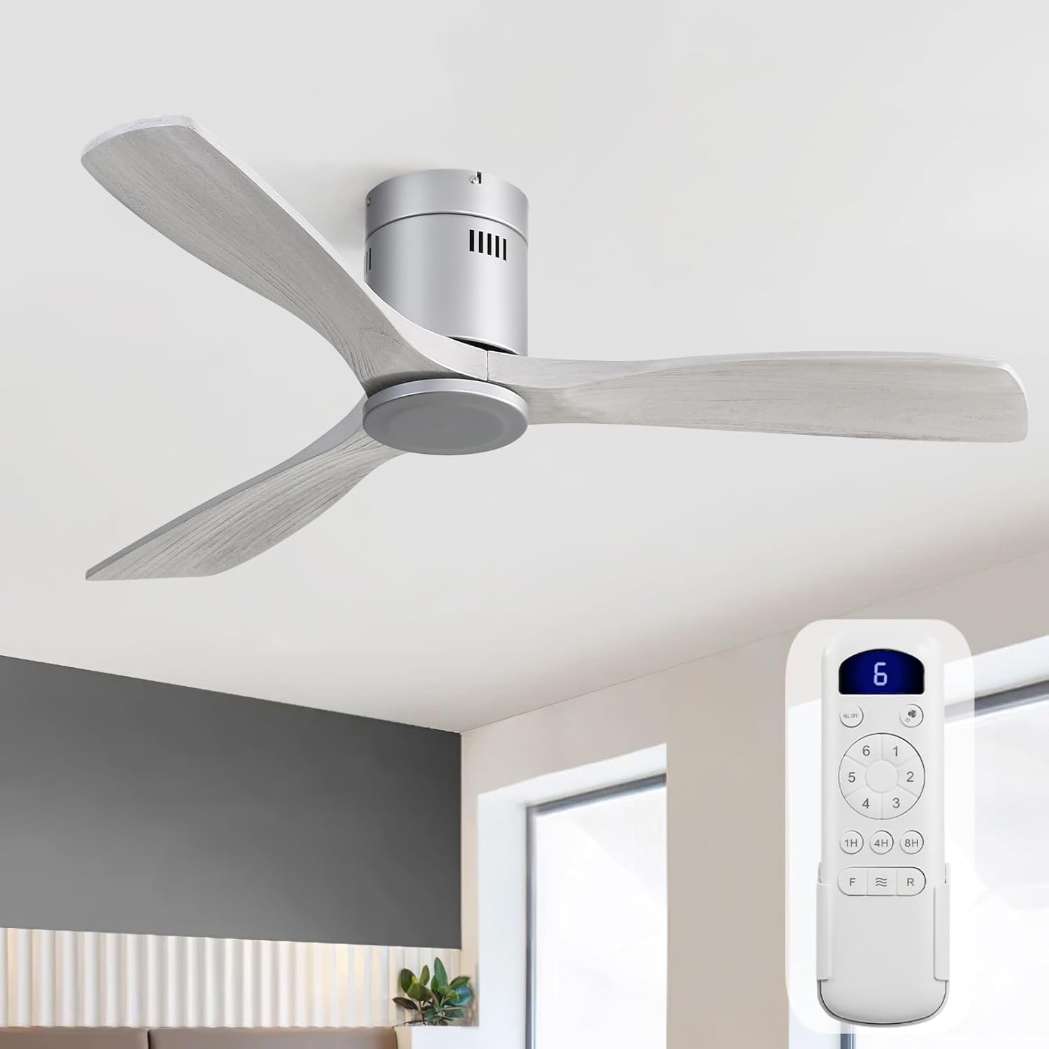 Sofucor 52 Inch Solid Wood Ceiling Fan Without Lights Flush Mount Ceiling Fan with Remote Control-Wood Blades Modern Outdoor Ceiling Fans No Light for Bedroom/Farmhouse/Patio/Indoor, Brown Black