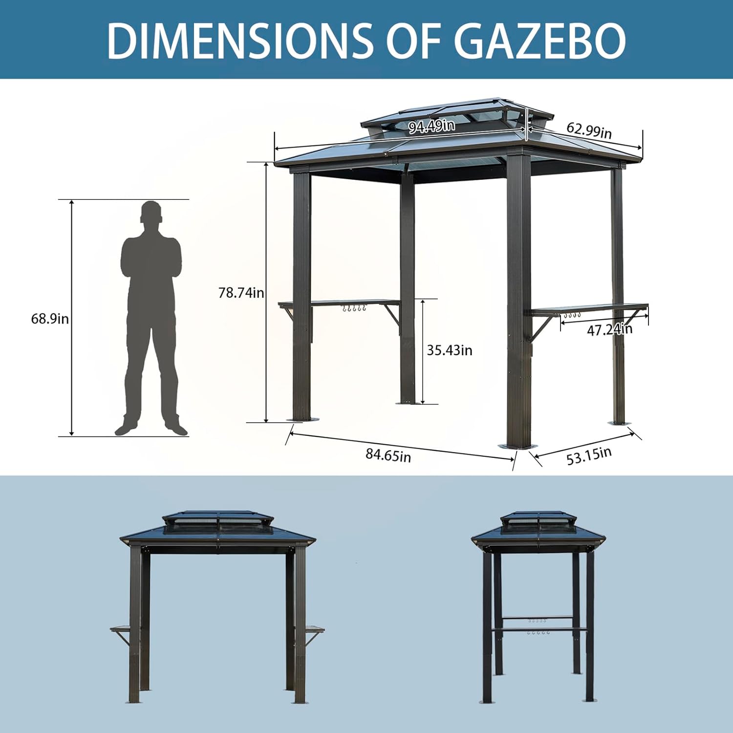 Endark 8'x5' Grill Hardtop Polycarbonate Gazebo with Double Roof