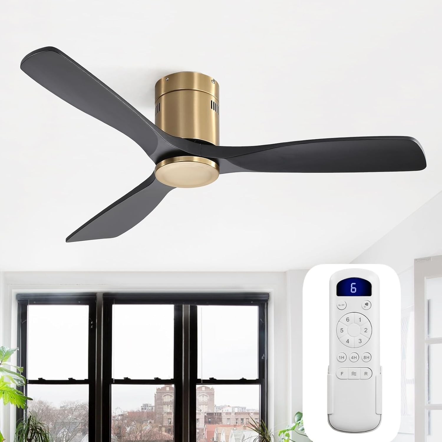 Sofucor Ceiling Fans with Lights 52 Inch Flush Mount Ceiling Fan with Remote Control, Wood Blades Modern Outdoor Ceiling Fans for Bedroom/Farmhouse/Patio/Indoor, Quiet DC Motor