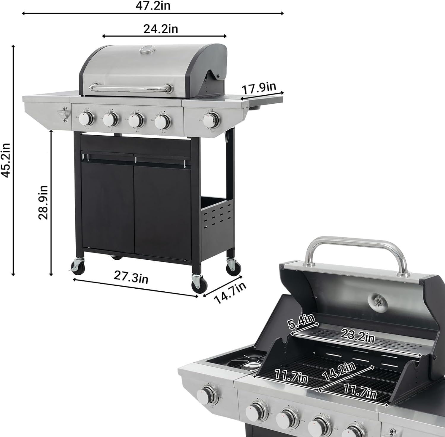 Endark 4-Burner Propane BBQ Grill 46,500 BTU with Side Burner, Stainless Steel Gas Grill, Enameled Cast Iron Grates & Foldable Side Tables for Outdoor Backyard, Patio Cooking