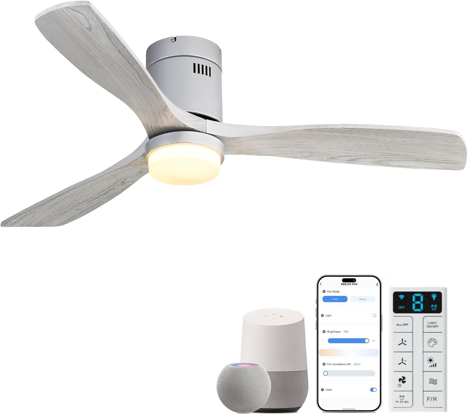 Sofucor Ceiling Fans with Lights 52 Inch Flush Mount Ceiling Fan with Remote Control, Wood Blades Modern Outdoor Ceiling Fans for Bedroom/Farmhouse/Patio/Indoor, Quiet DC Motor