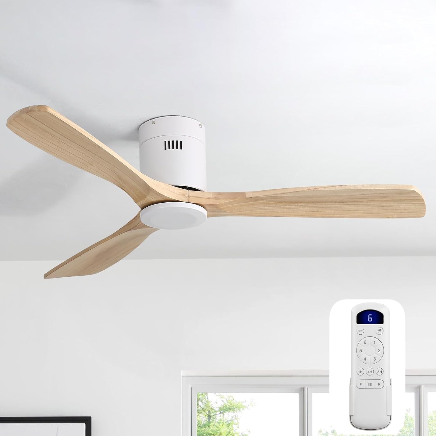 Sofucor Ceiling Fans with Lights 52 Inch Flush Mount Ceiling Fan with Remote Control, Wood Blades Modern Outdoor Ceiling Fans for Bedroom/Farmhouse/Patio/Indoor, Quiet DC Motor