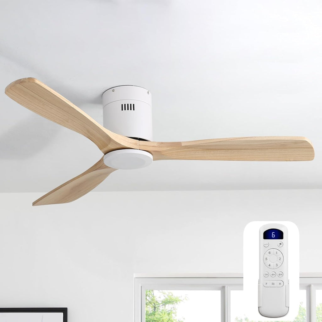 Sofucor 52 Inch Solid Wood Ceiling Fan Without Lights Flush Mount Ceiling Fan with Remote Control-Wood Blades Modern Outdoor Ceiling Fans No Light for Bedroom/Farmhouse/Patio/Indoor, Brown Black