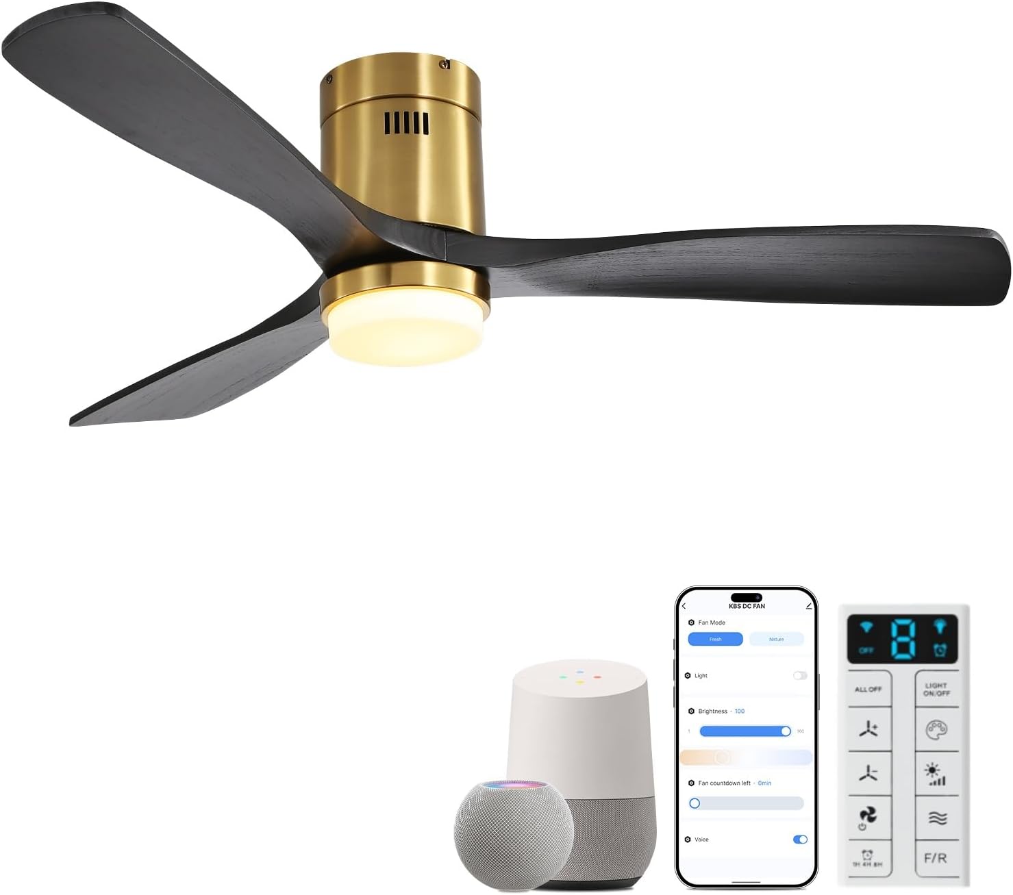 Sofucor Ceiling Fans with Lights 52 Inch Flush Mount Ceiling Fan with Remote Control, Wood Blades Modern Outdoor Ceiling Fans for Bedroom/Farmhouse/Patio/Indoor, Quiet DC Motor