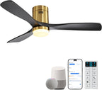 Sofucor 52 Inch Solid Wood Ceiling Fan Without Lights Flush Mount Ceiling Fan with Remote Control-Wood Blades Modern Outdoor Ceiling Fans No Light for Bedroom/Farmhouse/Patio/Indoor, Brown Black