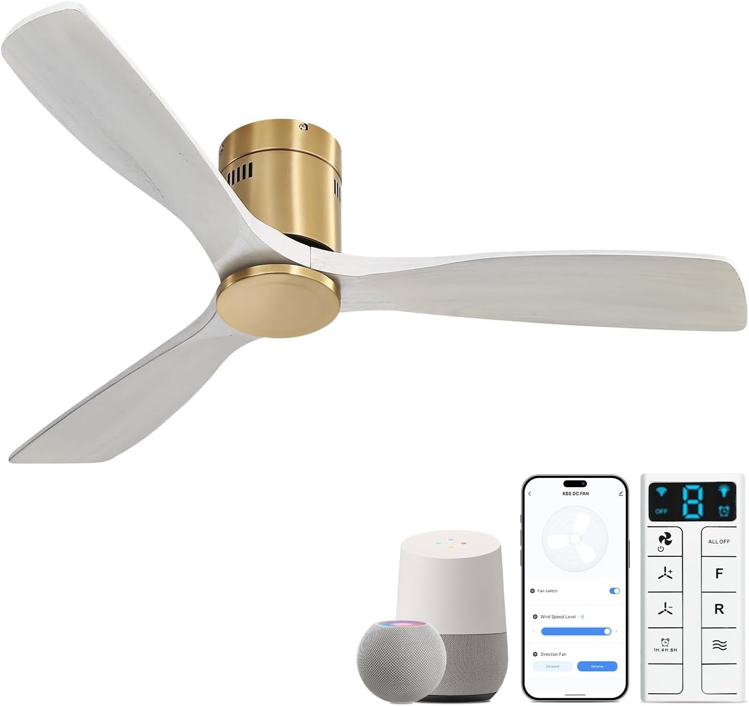 Sofucor 52 Inch Solid Wood Ceiling Fan Without Lights Flush Mount Ceiling Fan with Remote Control-Wood Blades Modern Outdoor Ceiling Fans No Light for Bedroom/Farmhouse/Patio/Indoor, Brown Black