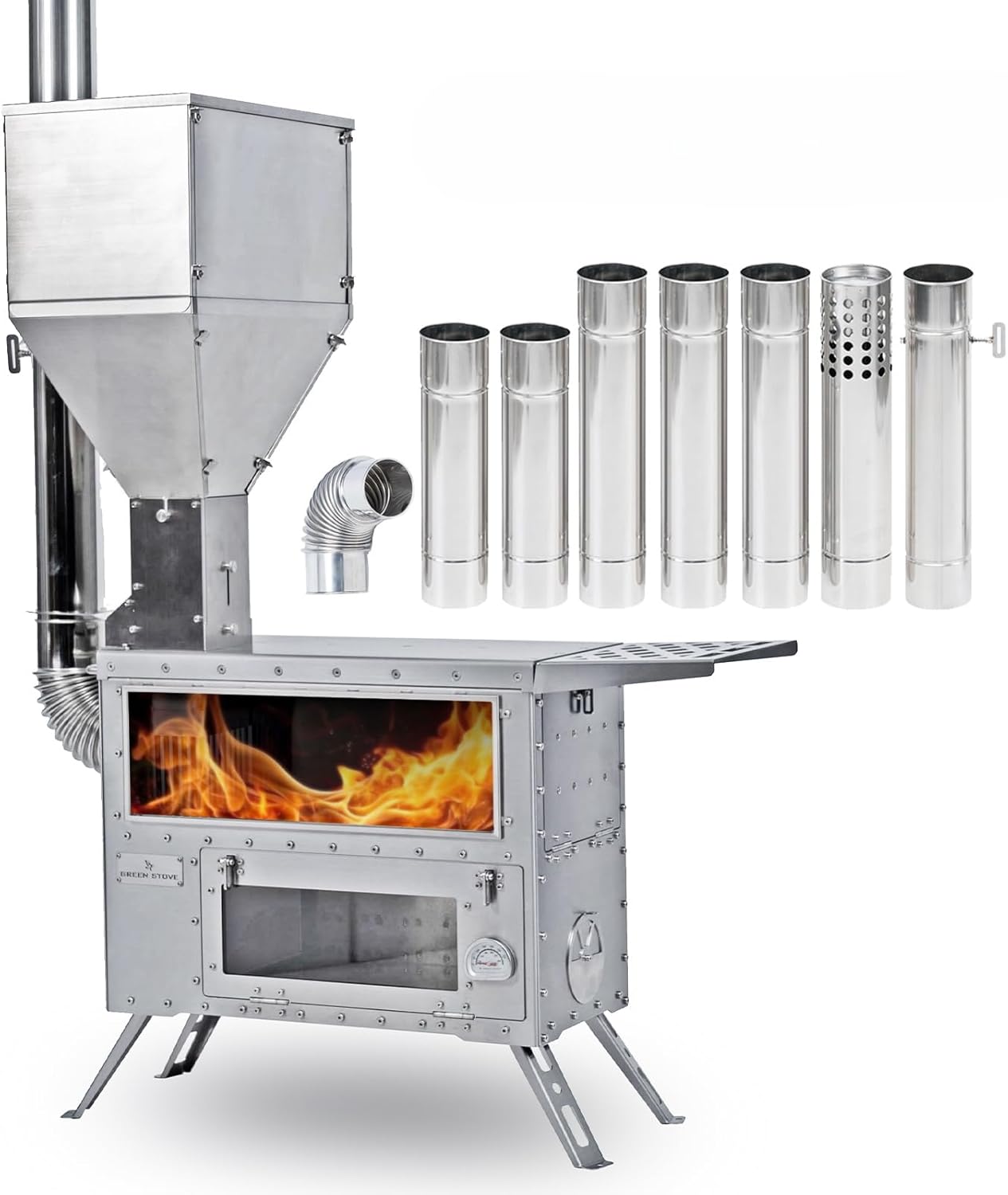 Outdoor Camping Stove with Oven, Multi-Fuel Tent Stove Compatible with Wood or Pellets, Portable Stove with Chimney Pipes for Outdoor Use Only（Model: GreenStovehori 5 Max）