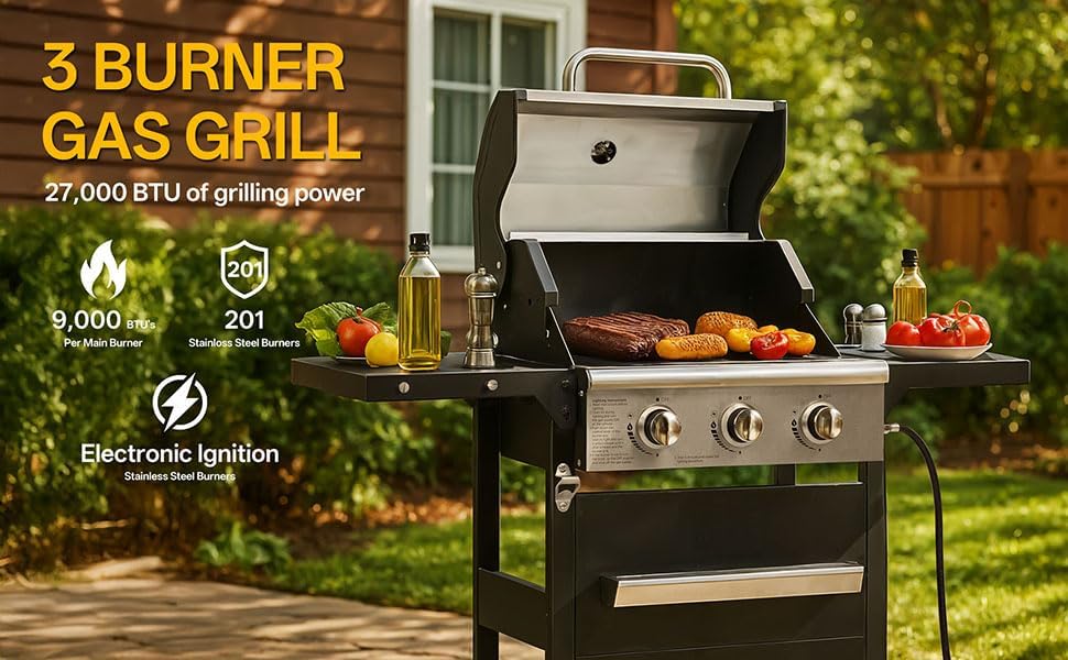Endark 3-Burner Propane Gas Grill,Heavy Duty Freestanding Outdoor BBQ Barbecue Stainless Steel Lid,Large Cooking Area,Side Shelves &amp; Storage Cabinet,Portable Patio Backyard Camping
