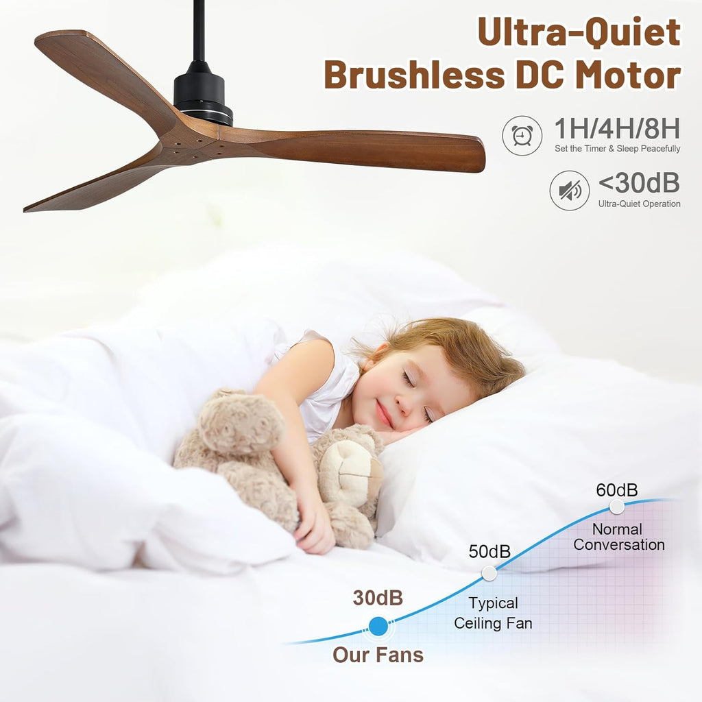 Ceiling Fan no Lights, 52 Inch Low Profile Flush Mount Modern Wood Ceiling Fan with Remote for Indoor Farmhouse Bedroom Living Room Outdoor Patio Porch, Reversible DC Motor, Noiseless