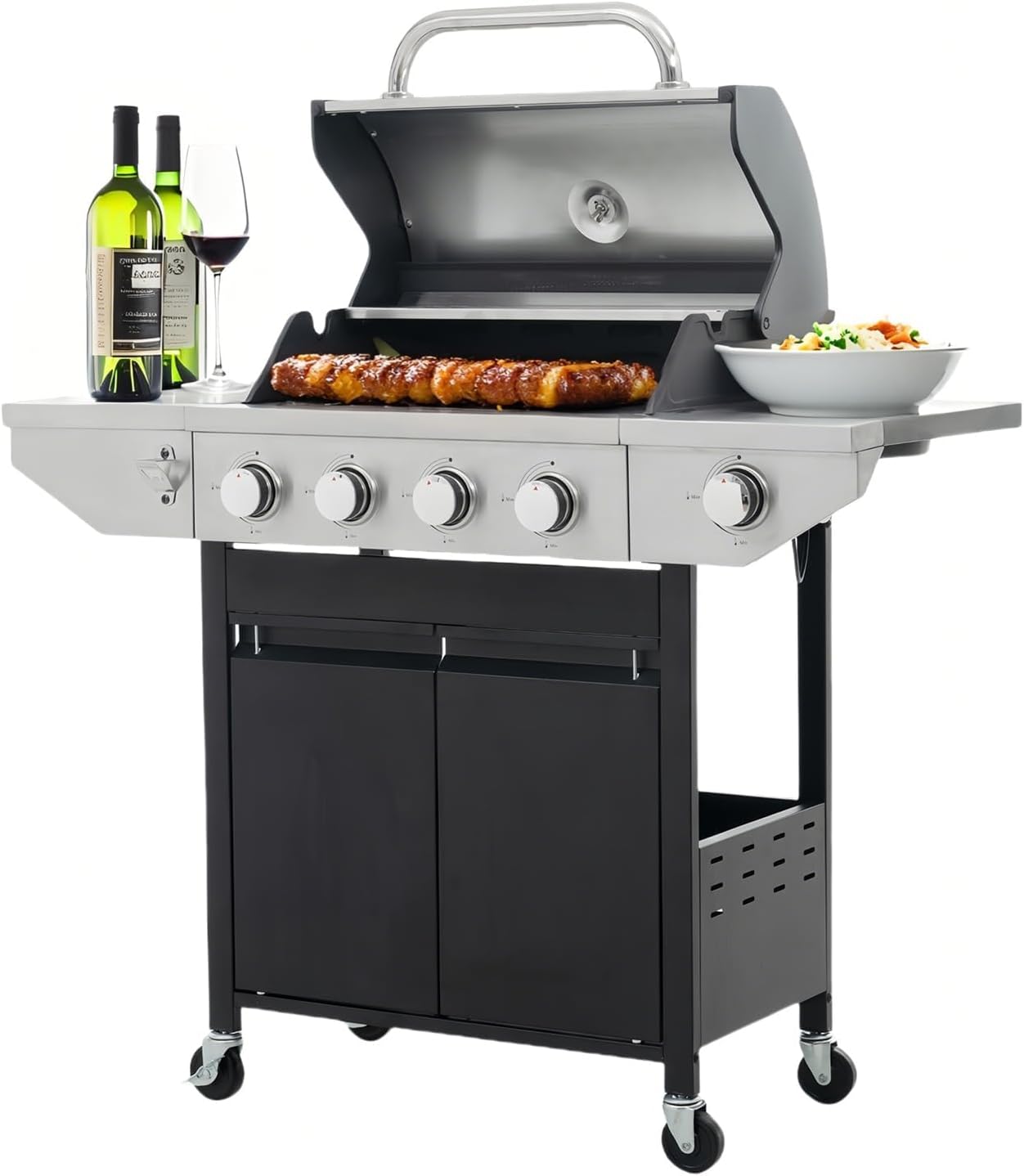Endark 3-burner Propane Gas Grill | 37,000 BTU Stainless Steel with Side-iFre Function | with Enameled Cast Iron Grate,Thermometer and Side Stand Wheels | Great for Patio and Garden Outdoor Cooking