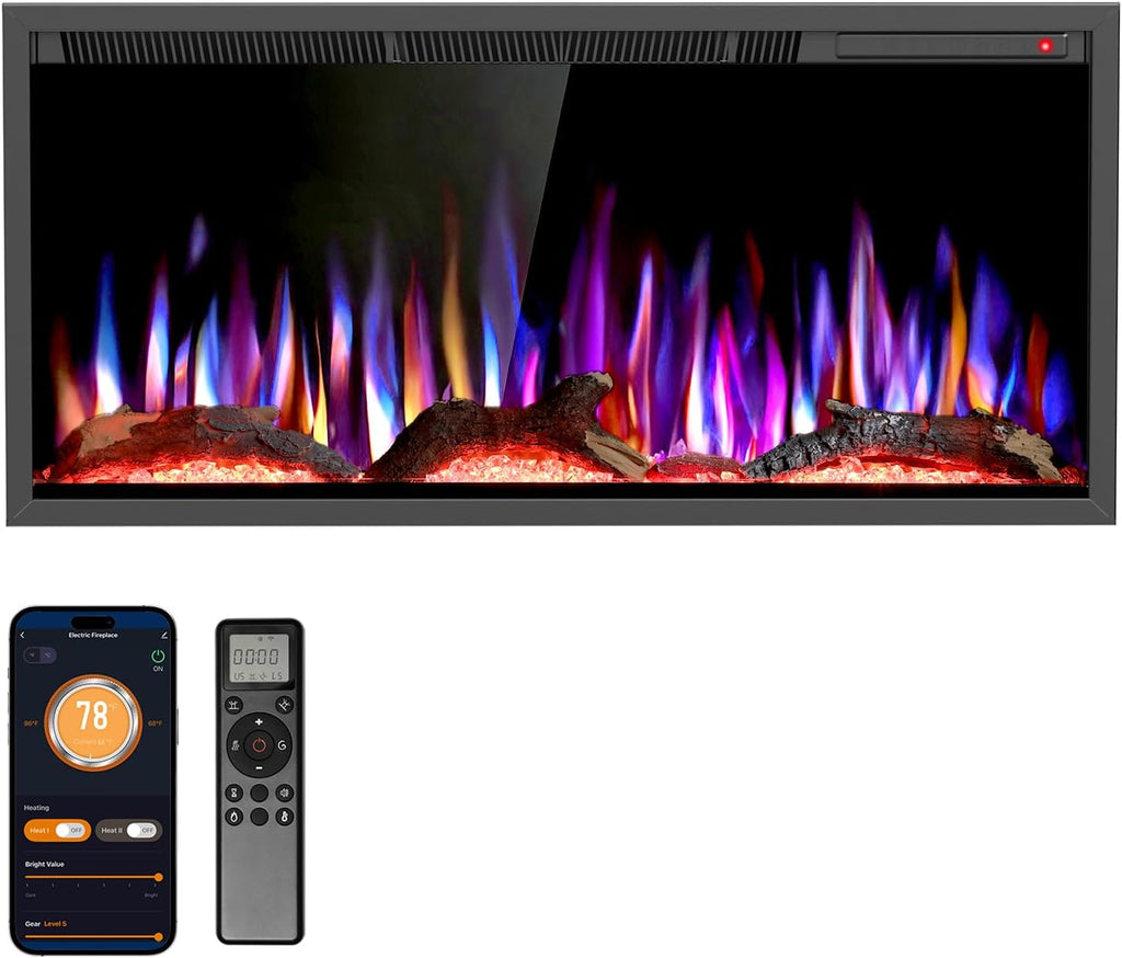R.W.FLAME 36 inch Recessed and Wall Mounted Electric Fireplace, Ultra Thin ad Low Noise, Fit for 2 x 4 and 2 x 6 Stud, Remote Control with Timer,Touch Screen,Adjustable Flame Color and Speed