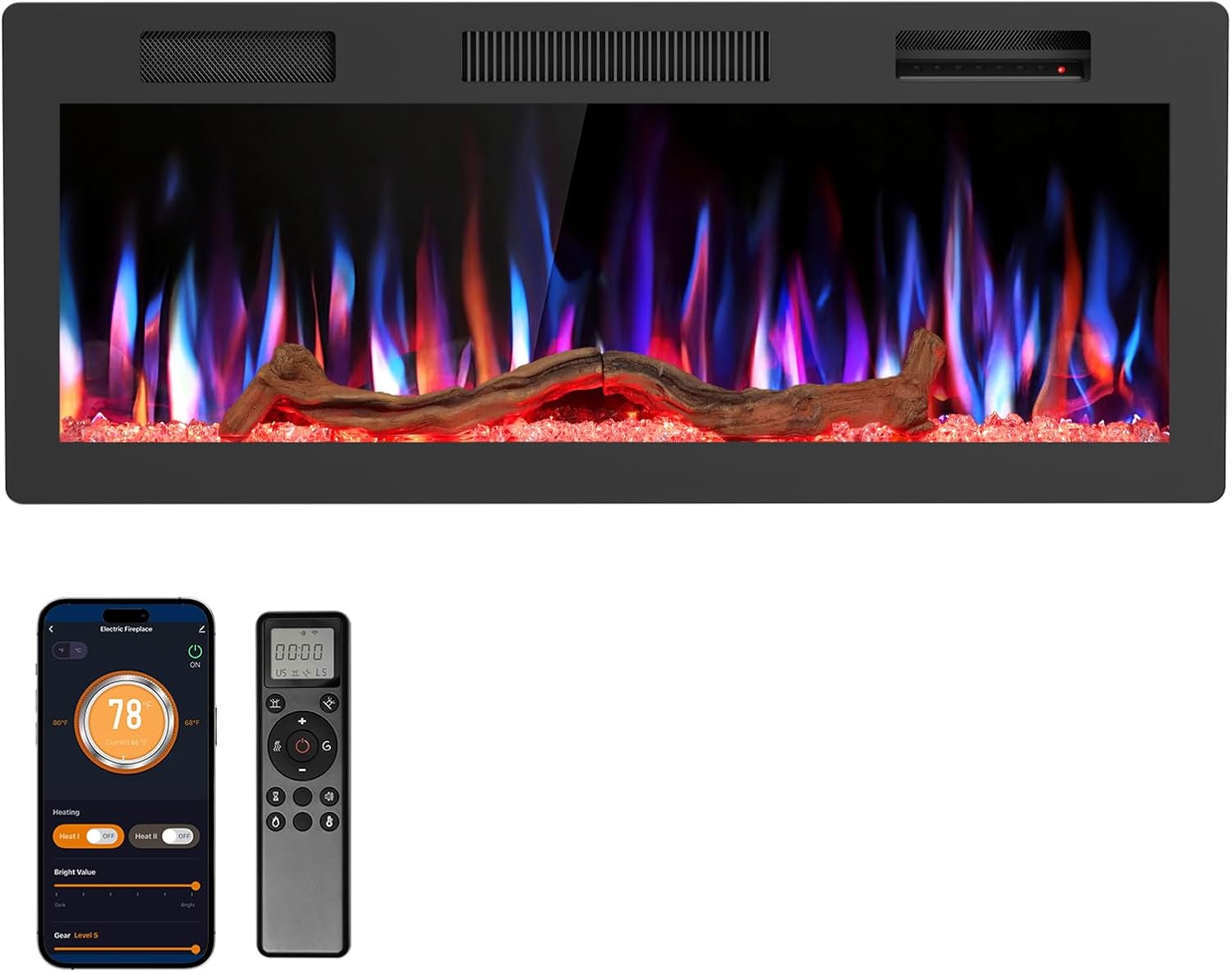 R.W.FLAME 60" Recessed and Wall Mounted Electric Fireplace, Low Noise, Fit for 2 x 6 Stud, Remote Control with Timer, Touch Screen, Adjustable Flame Color and Speed, 750-1500W