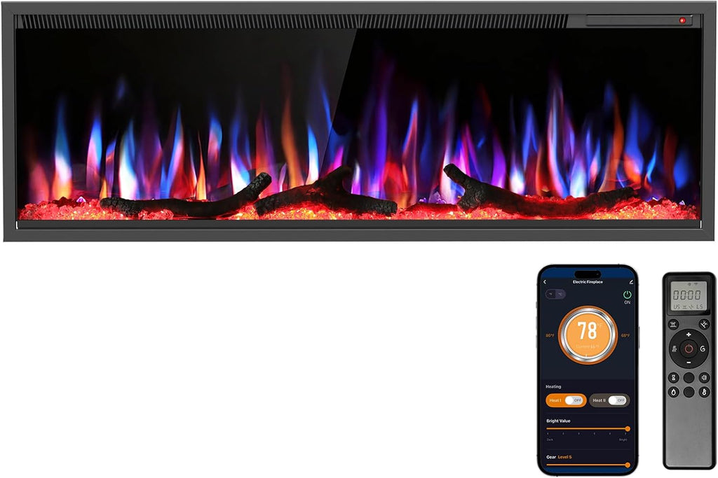 R.W.FLAME 60" Recessed and Wall Mounted Electric Fireplace, Low Noise, Fit for 2 x 6 Stud, Remote Control with Timer, Touch Screen, Adjustable Flame Color and Speed, 750-1500W