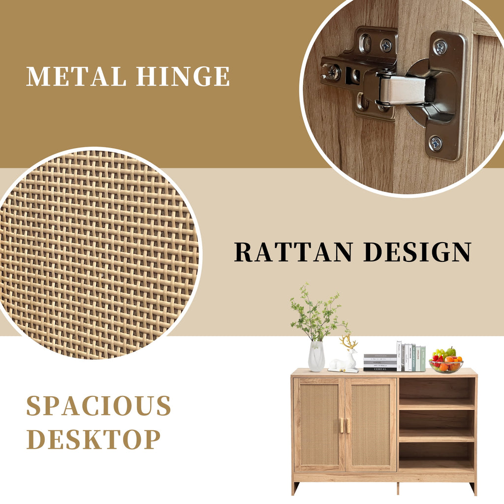 SHALLWE 51" Rattan Buffet Cabinet, Modern Accent Sideboard with Adjustable Shelves
