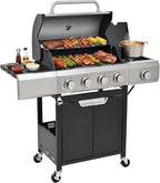 40,500 BTU 3-Burner Propane Gas Grill with Side Burner,Stainless Steel Outdoor BBQ Grill Portable with Wheels and Cast Iron Grates for Patio Garden Barbecue Cooking