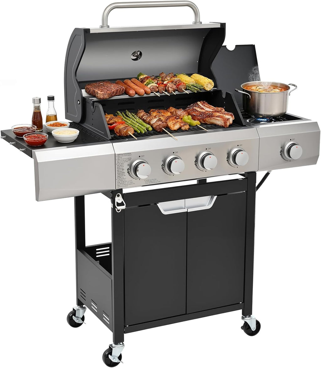 4-Burner Gas Grill with Side Burner & Cover, 51000 BTU Stainless Steel Outdoor BBQ Grill, 452 sq.in Cooking Area, Ideal for Backyard, Patio Large Gatherings