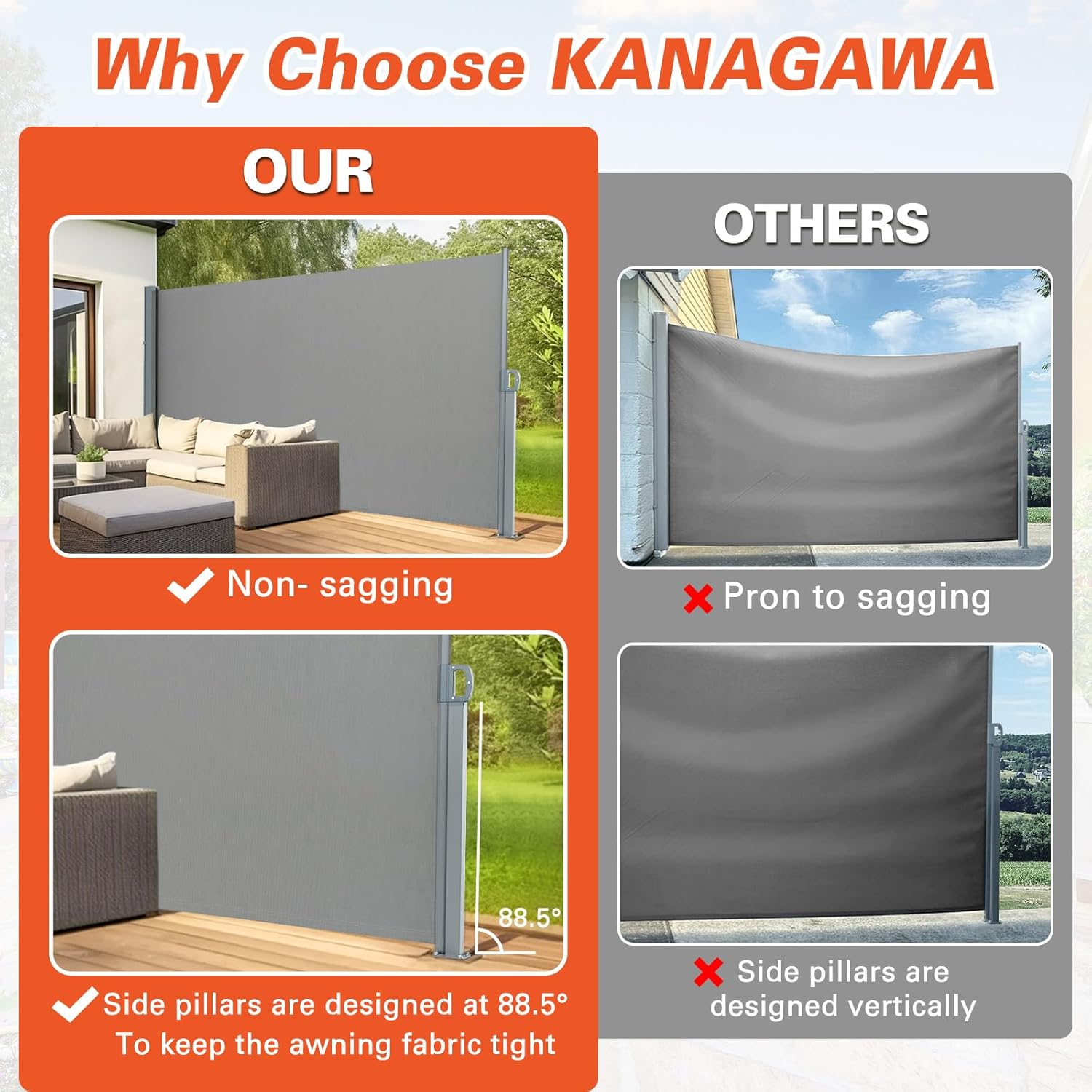 KANAGAWA 71'' x 236'' Retractable Side Awning Folding Privacy Screen Waterproof & UV-Resistant Outdoor Shade Divider for Patio, Garden, Balcony & Commercial Use