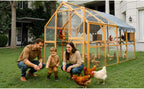 Walk-in Chicken Coop Outdoor with Waterproof Cover, 110" Large Cat Enclosure for Outdoor, Wooden Kitten Playpen with Galvanized Wire Mesh, 2 Small Doors & Safety Lock