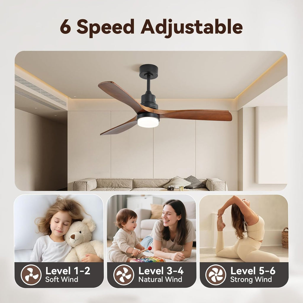 Sofucor 52 inch Solid Wood Ceiling Fan with Light, Quiet 6-Speed 3 Blades Reversible LED Ceiling Fan, Farmhouse Rustic Fan with Dimmable Light for Living Room Bedroom Home Office Cafe Patio Porch