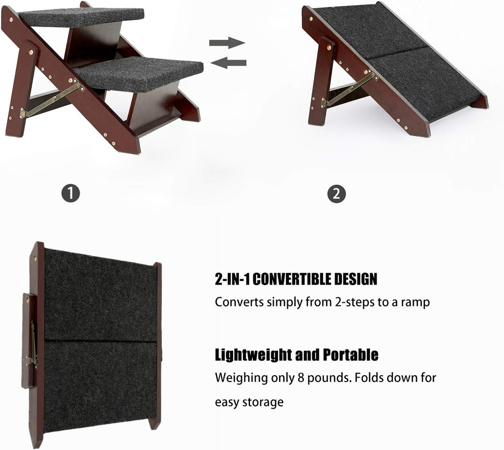 MEWANG Wooden Pet Stairs/Pet Steps - 2-in-1 Foldable Stairs & Ramp (17.3" L x 17.24" W x 13" H)