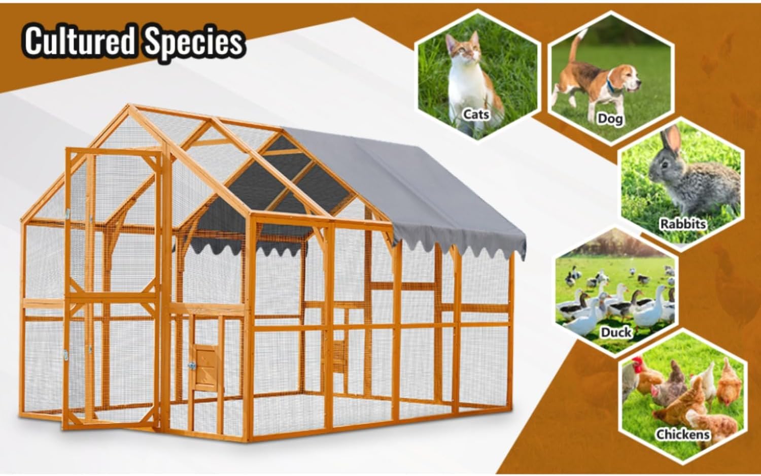 110" Large Outdoor Chicken Coop Enclosure with Waterproof Cover, Walk-in Catio for Cats, Spacious Wooden Pet Playpen with Enhanced Safety Mesh