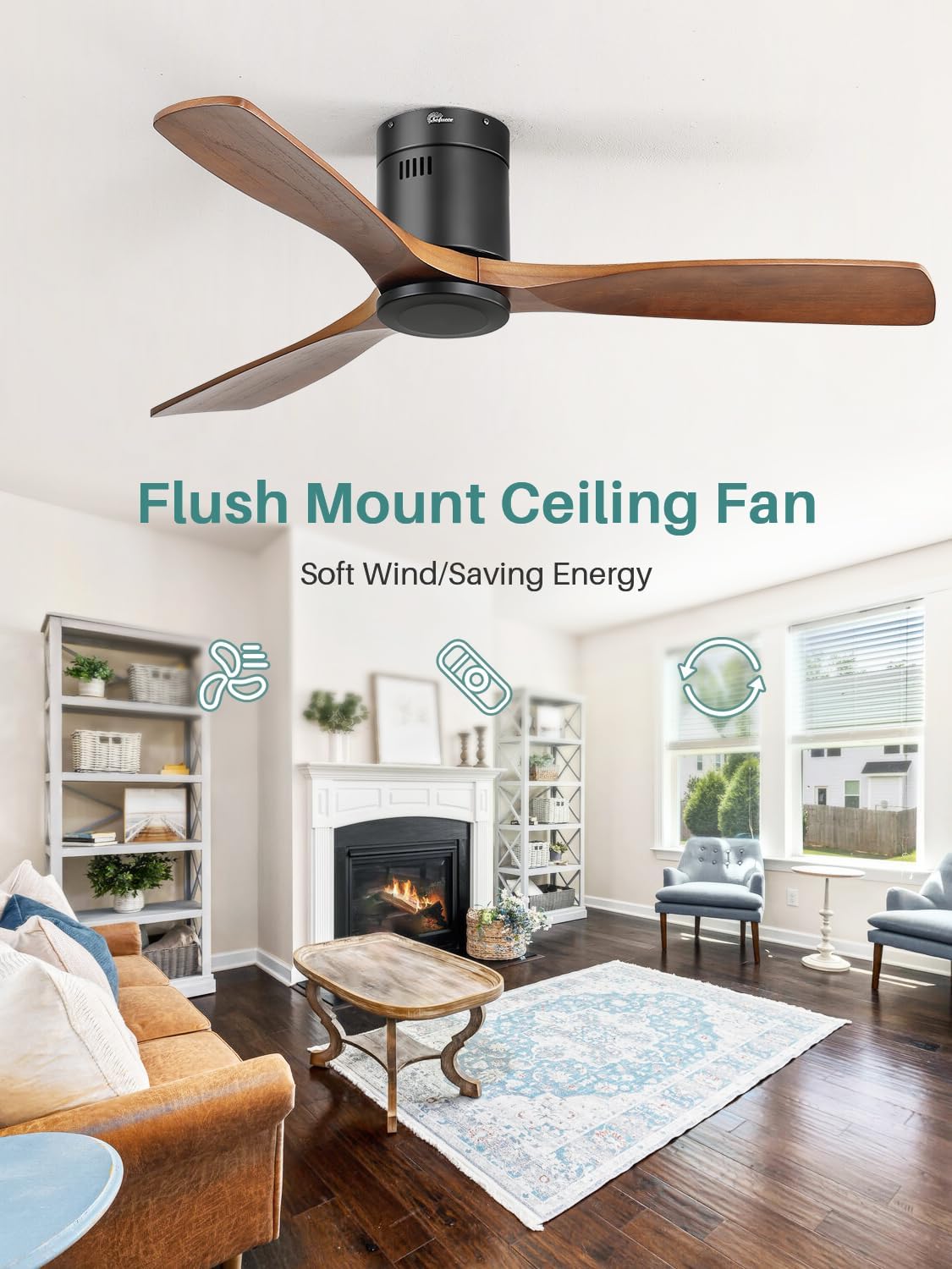 Sofucor 52 Inch Solid Wood Ceiling Fan Without Lights Flush Mount Ceiling Fan with Remote Control-Wood Blades Modern Outdoor Ceiling Fans No Light for Bedroom/Farmhouse/Patio/Indoor, Brown Black