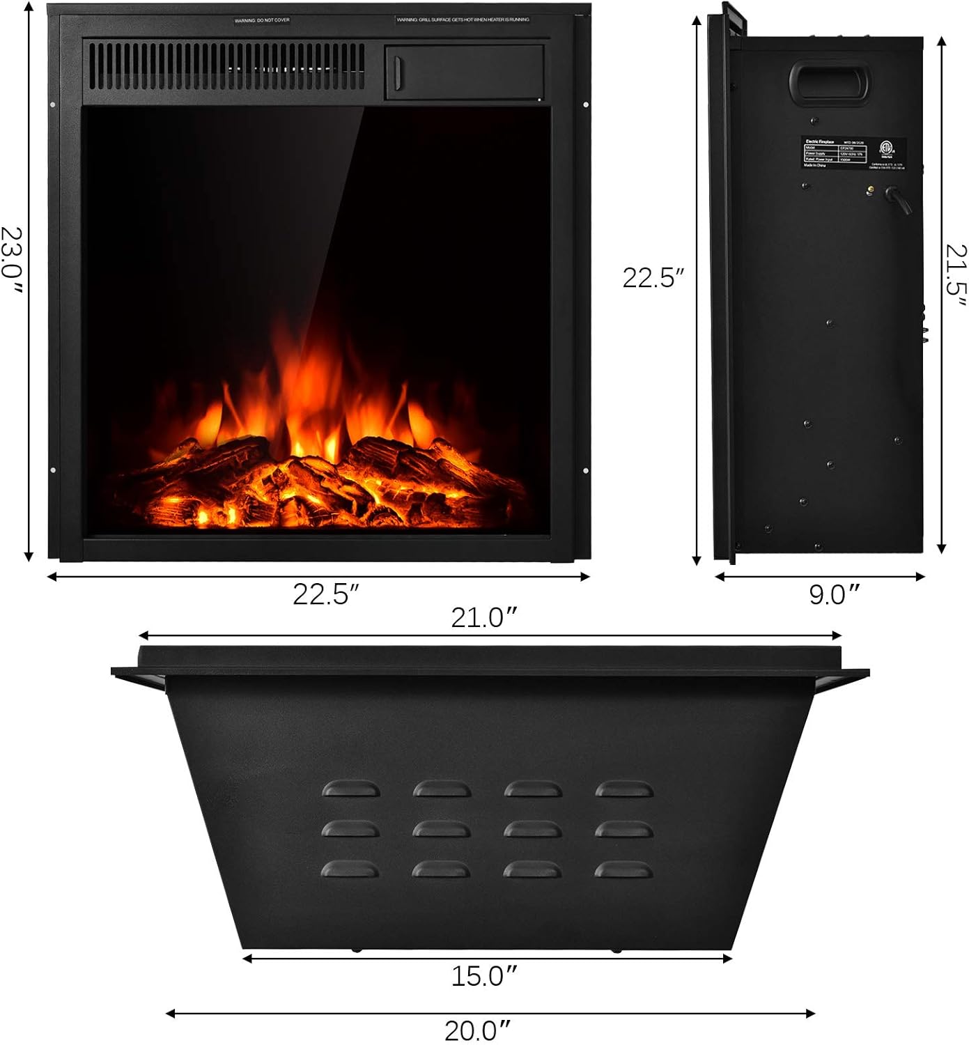 COSTWAY 22.5-Inch Electric Fireplace Inserts, 1500W Wall Recessed and Freestanding Decorative Fireplace with Remote, 7 Brightness Settings, Overheat Protection, Fireplace Heater for Indoor Use