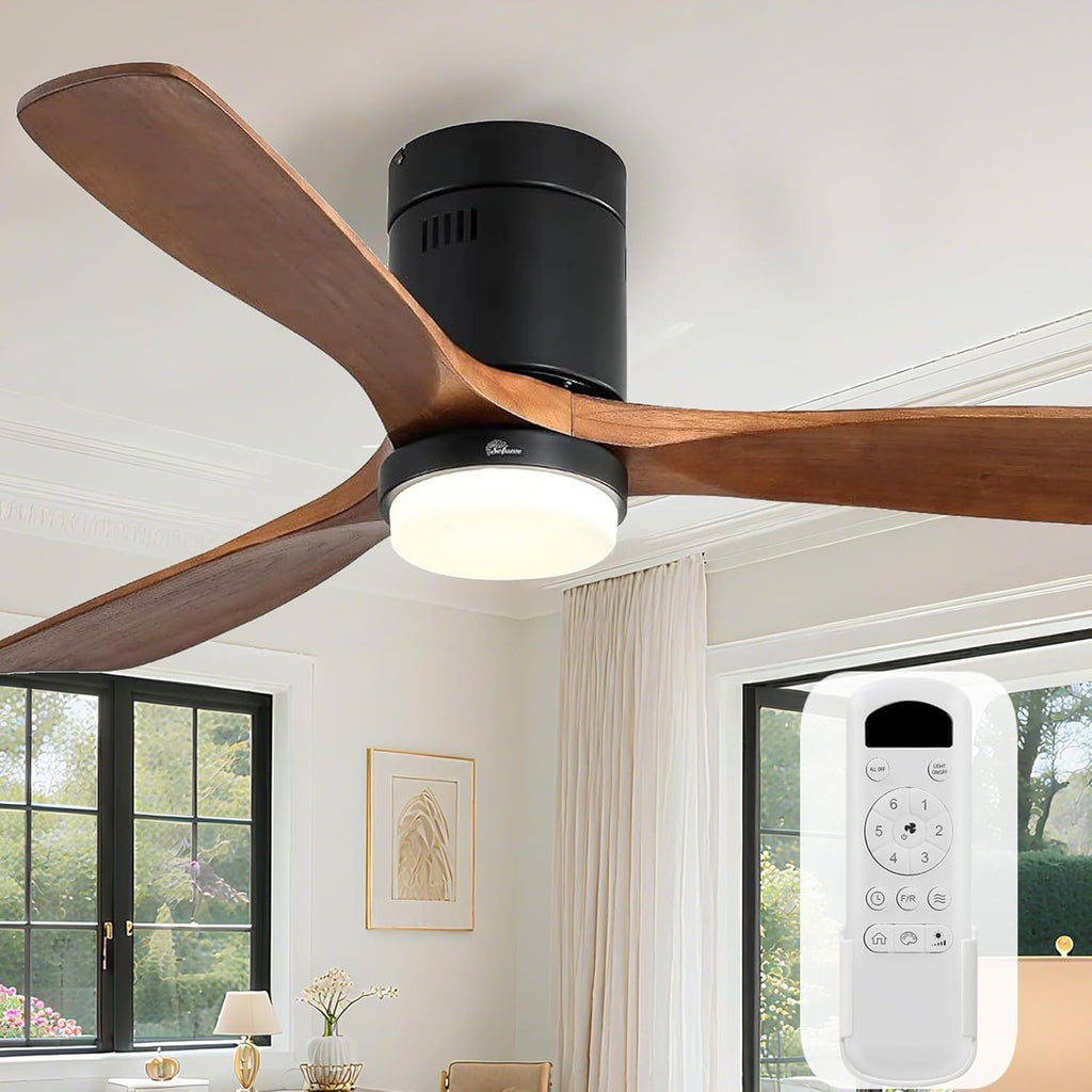 Sofucor 52 Inch Solid Wood Ceiling Fan Without Lights Flush Mount Ceiling Fan with Remote Control-Wood Blades Modern Outdoor Ceiling Fans No Light for Bedroom/Farmhouse/Patio/Indoor, Brown Black