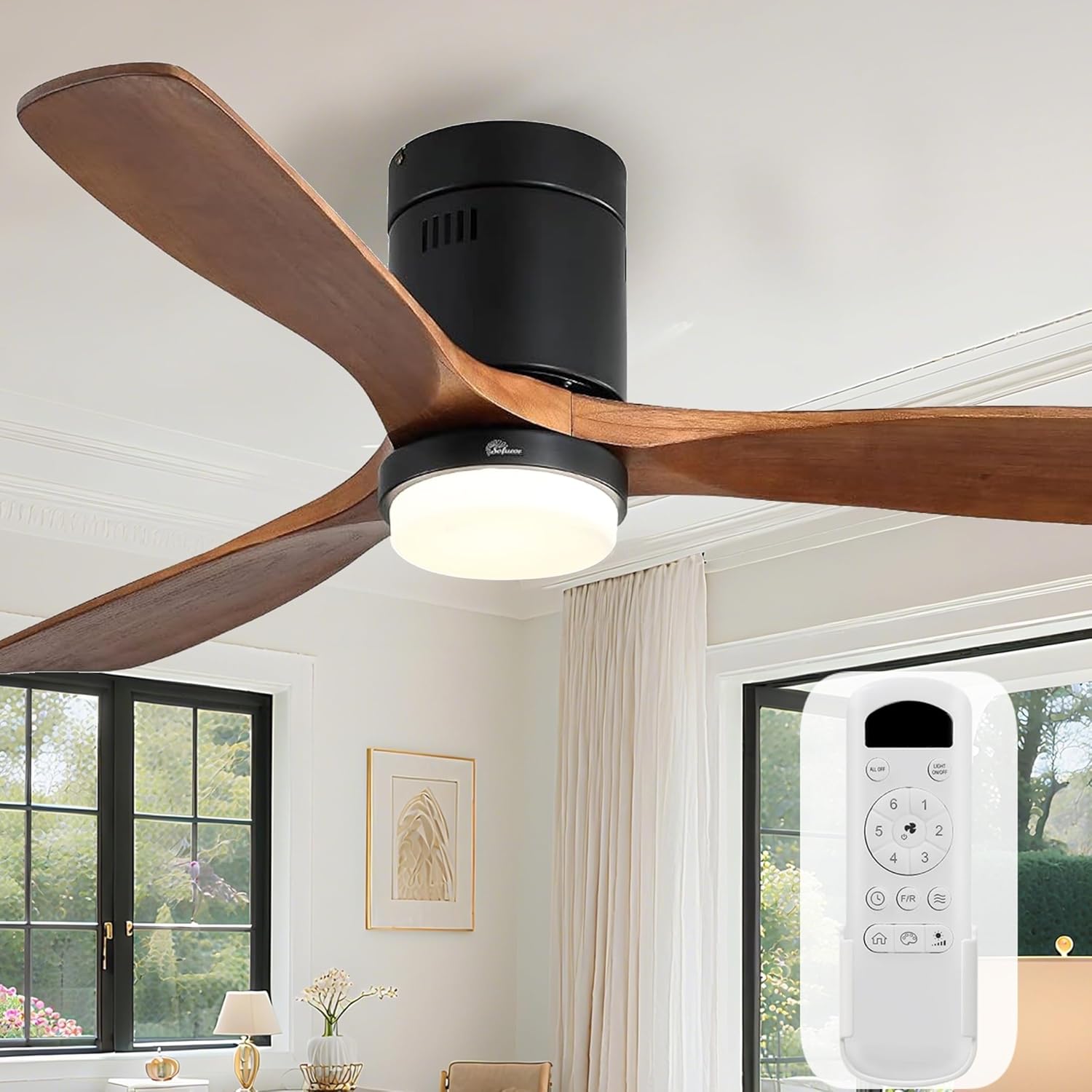 Sofucor 52 Inch Solid Wood Ceiling Fan Without Lights Flush Mount Ceiling Fan with Remote Control-Wood Blades Modern Outdoor Ceiling Fans No Light for Bedroom/Farmhouse/Patio/Indoor, Brown Black