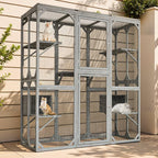 Large Catio Outdoor Cat Enclosure with Roof 71" Height Cat Wooden House Kitty Cage with 3 Jumping Platforms and 2 Napping Houses