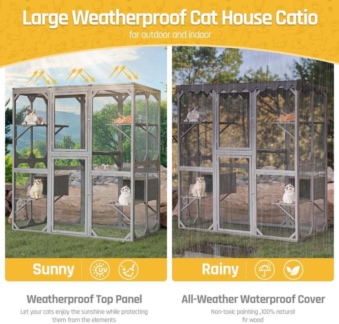 Large Catio Outdoor Cat Enclosure with Roof 71" Height Cat Wooden House Kitty Cage with 3 Jumping Platforms and 2 Napping Houses