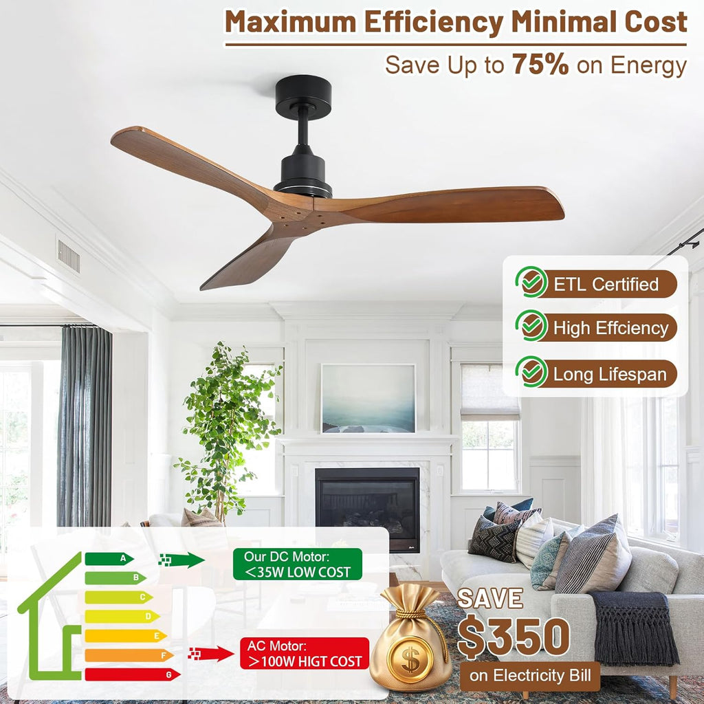 Ceiling Fan no Lights, 52 Inch Low Profile Flush Mount Modern Wood Ceiling Fan with Remote for Indoor Farmhouse Bedroom Living Room Outdoor Patio Porch, Reversible DC Motor, Noiseless