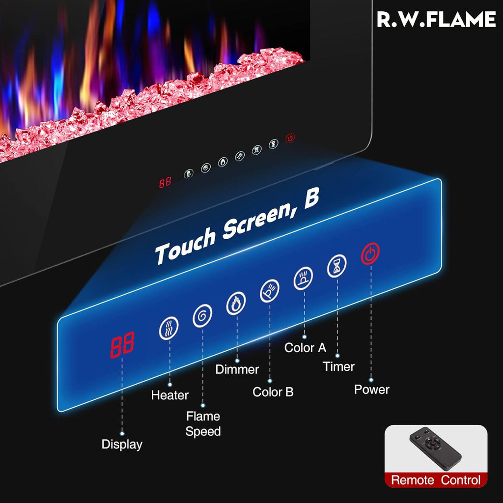 R.W.FLAME 60" Recessed and Wall Mounted Electric Fireplace, Low Noise, Fit for 2 x 6 Stud, Remote Control with Timer, Touch Screen, Adjustable Flame Color and Speed, 750-1500W