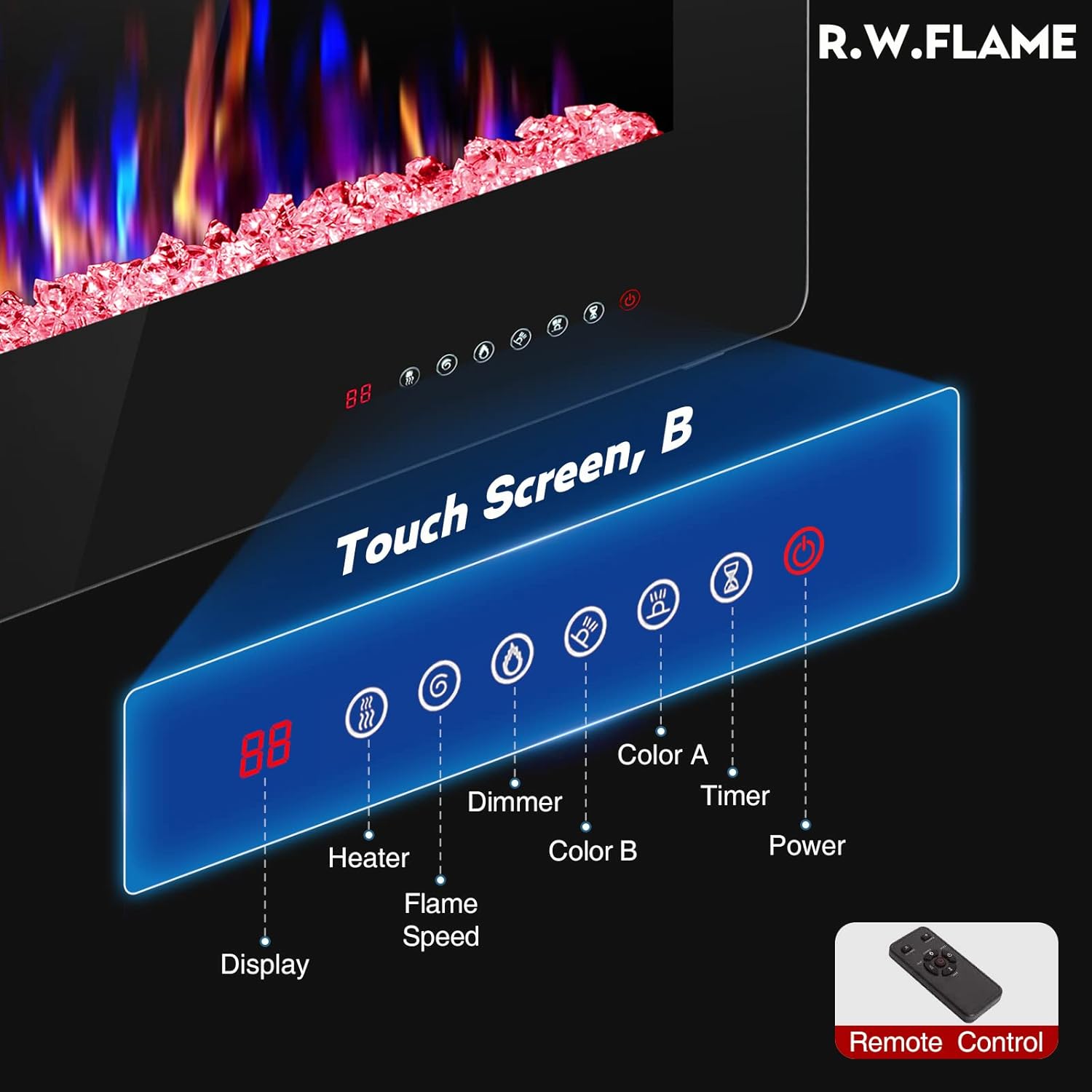 R.W.FLAME 36 inch Recessed and Wall Mounted Electric Fireplace, Ultra Thin ad Low Noise, Fit for 2 x 4 and 2 x 6 Stud, Remote Control with Timer,Touch Screen,Adjustable Flame Color and Speed