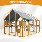 Walk-in Chicken Coop Outdoor with Waterproof Cover, 110" Large Cat Enclosure for Outdoor, Wooden Kitten Playpen with Galvanized Wire Mesh, 2 Small Doors & Safety Lock